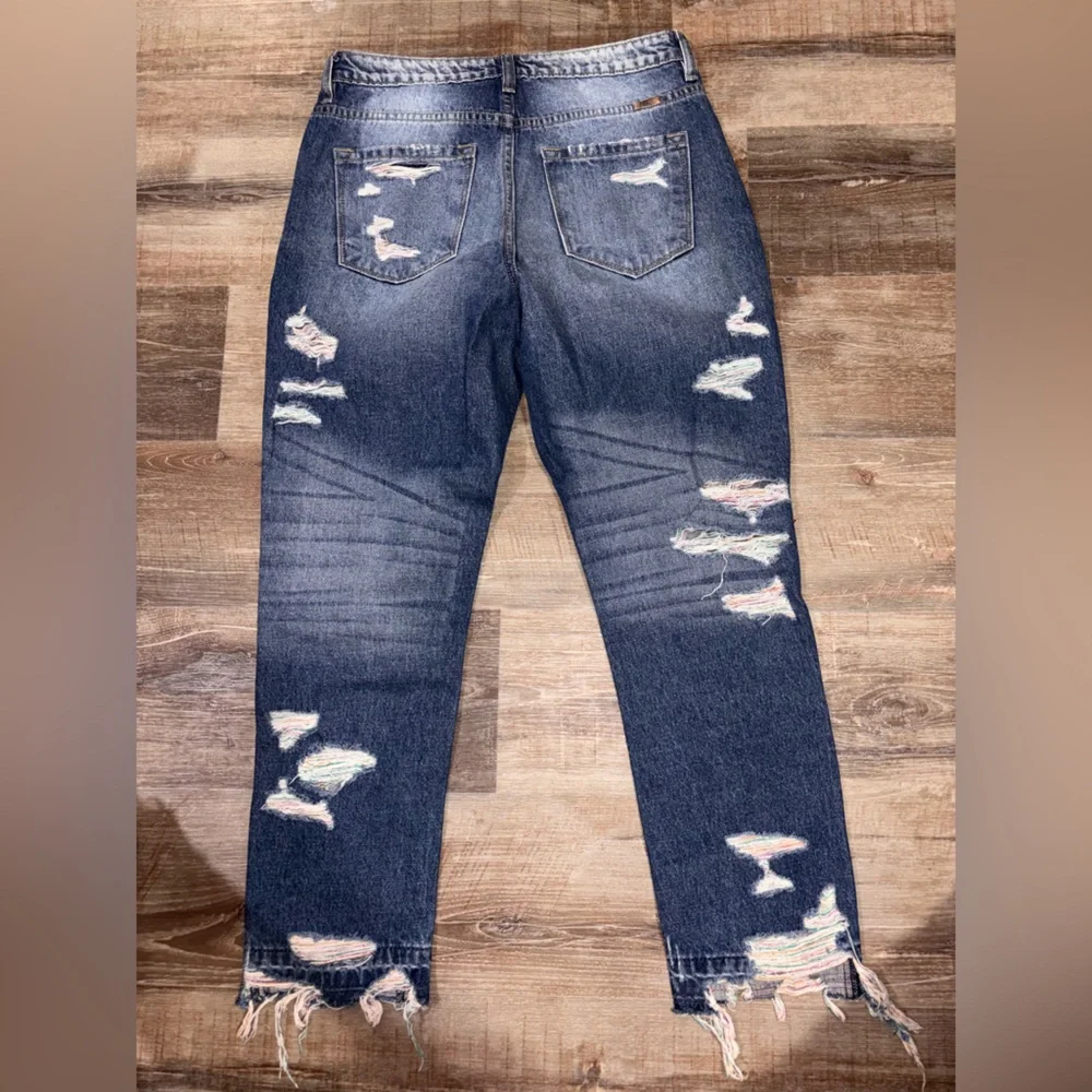 KanCan Distressed Dark Blue Skinny Jeans with Multicolor Rips - Picture 6 of 7